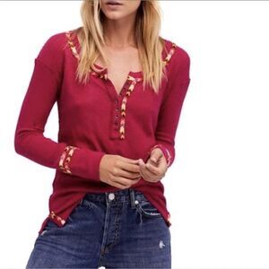 Free People We The Free Rainbow Embroidered Thermal Boho Henley Top Size S